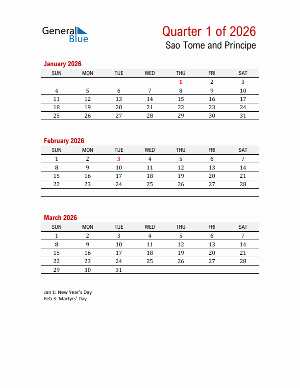 Printable Three Month Calendar with Sao Tome and Principe Holidays
