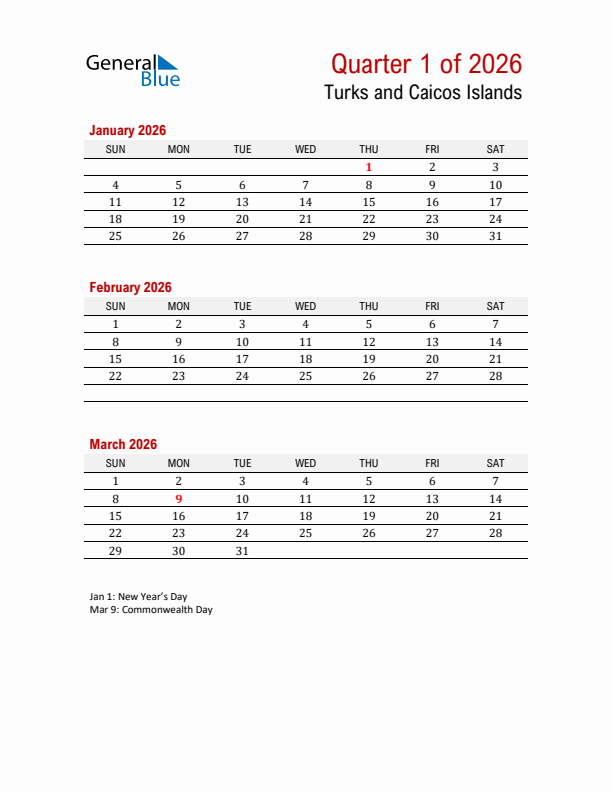 Printable Three Month Calendar with Turks and Caicos Islands Holidays
