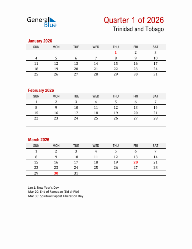 Printable Three Month Calendar with Trinidad and Tobago Holidays