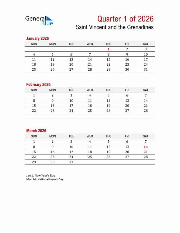 Printable Three Month Calendar with Saint Vincent and the Grenadines Holidays