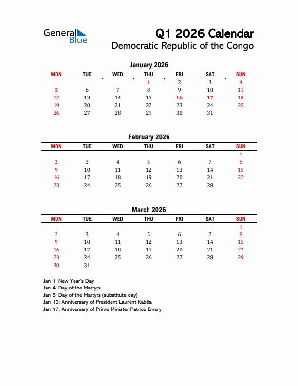 2026 Q1 Calendar with Holidays List for Democratic Republic of the Congo