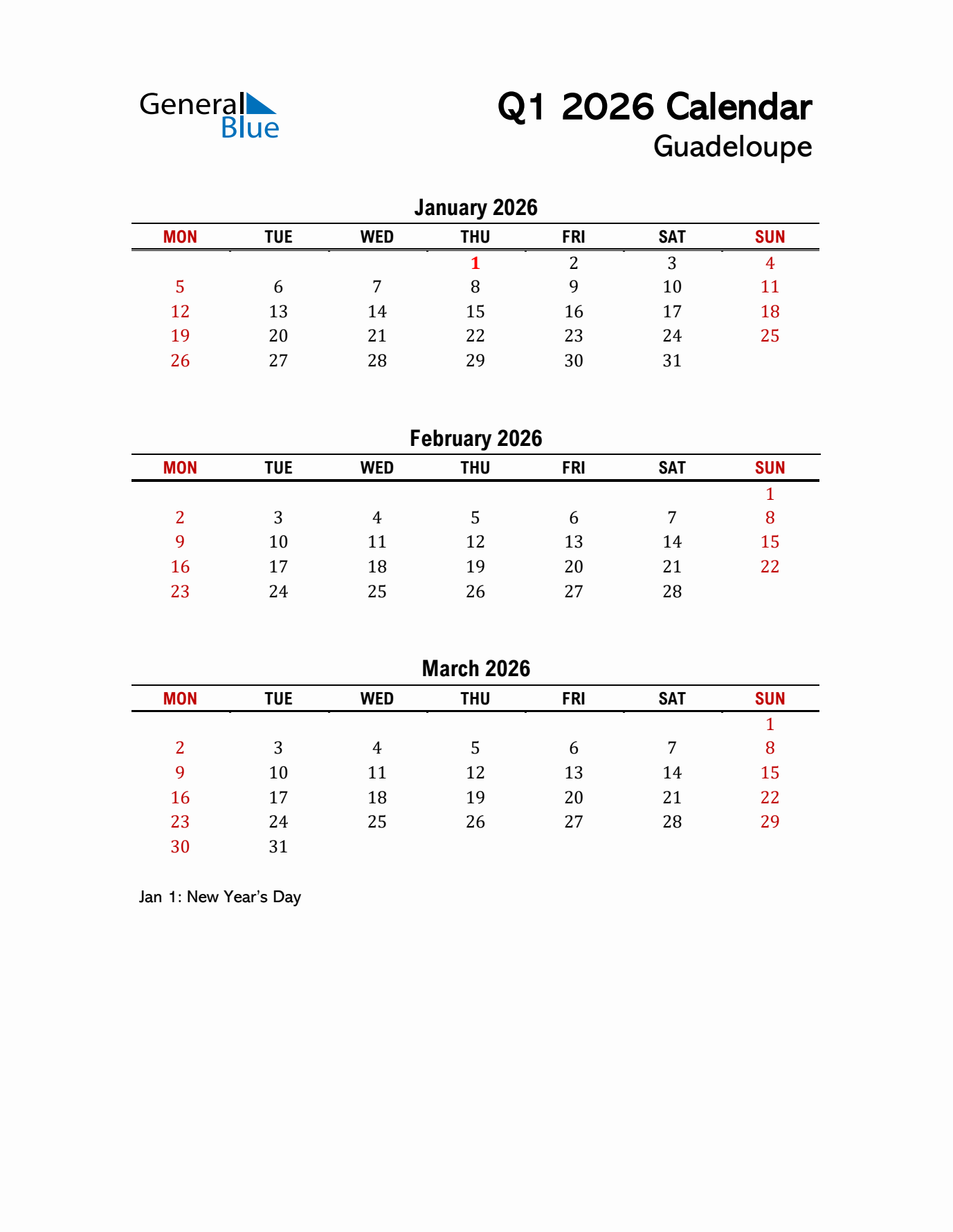 2026 Q1 Calendar with Holidays List for Guadeloupe