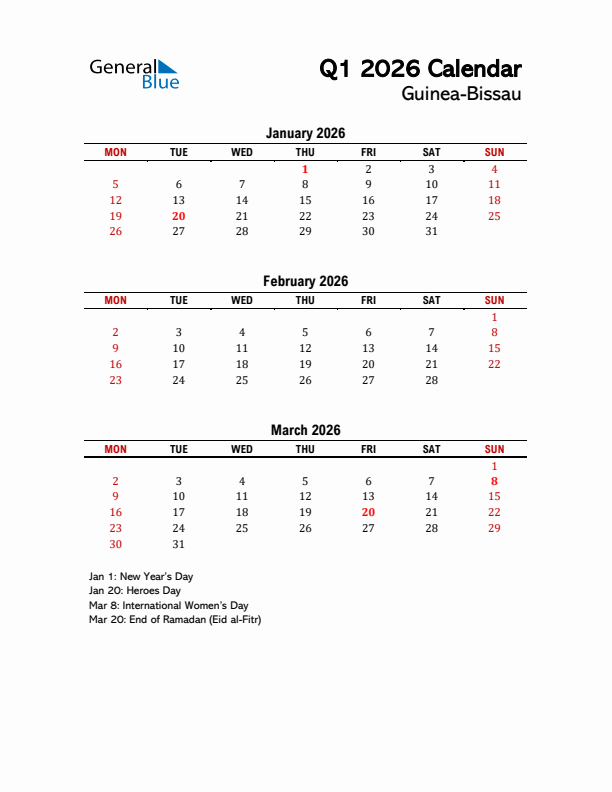 2026 Q1 Calendar with Holidays List for Guinea-Bissau