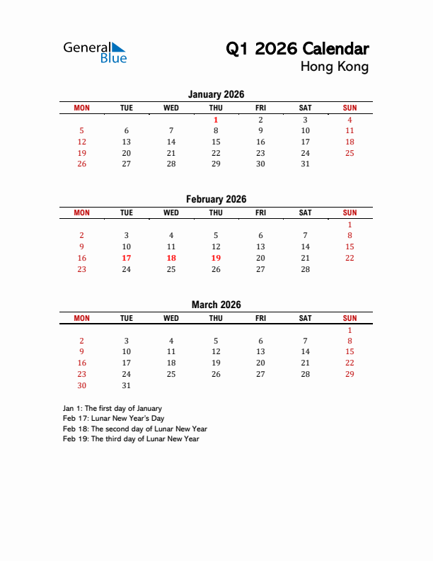 2026 Q1 Calendar with Holidays List for Hong Kong
