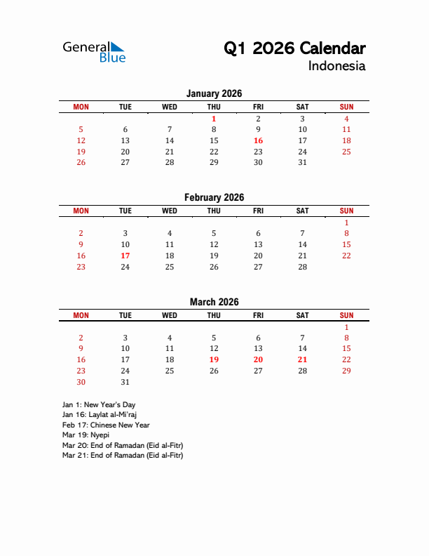 2026 Q1 Calendar with Holidays List for Indonesia