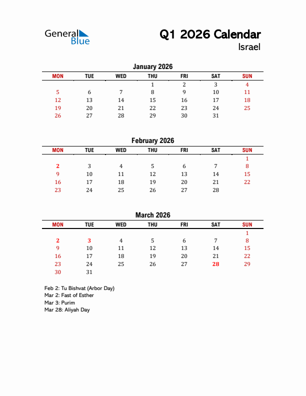 2026 Q1 Calendar with Holidays List for Israel