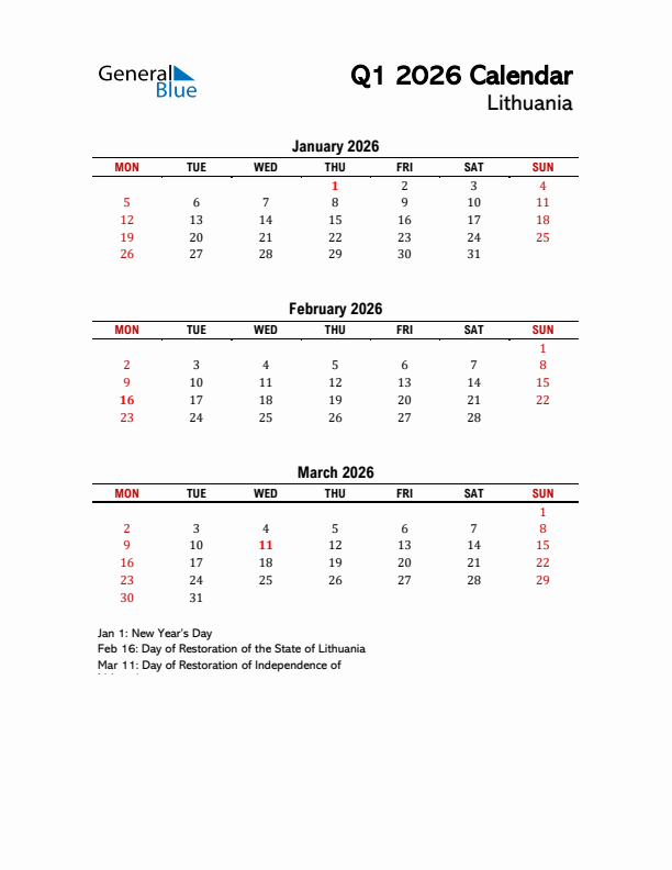 2026 Q1 Calendar with Holidays List for Lithuania