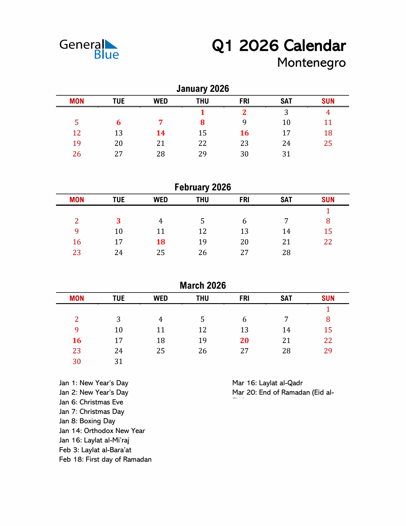 2026 Q1 Calendar with Holidays List for Montenegro