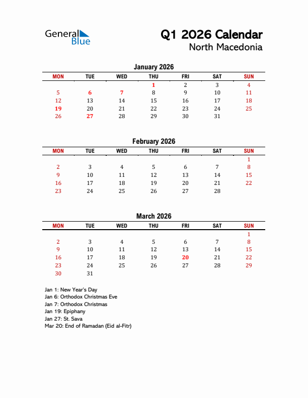 2026 Q1 Calendar with Holidays List for North Macedonia