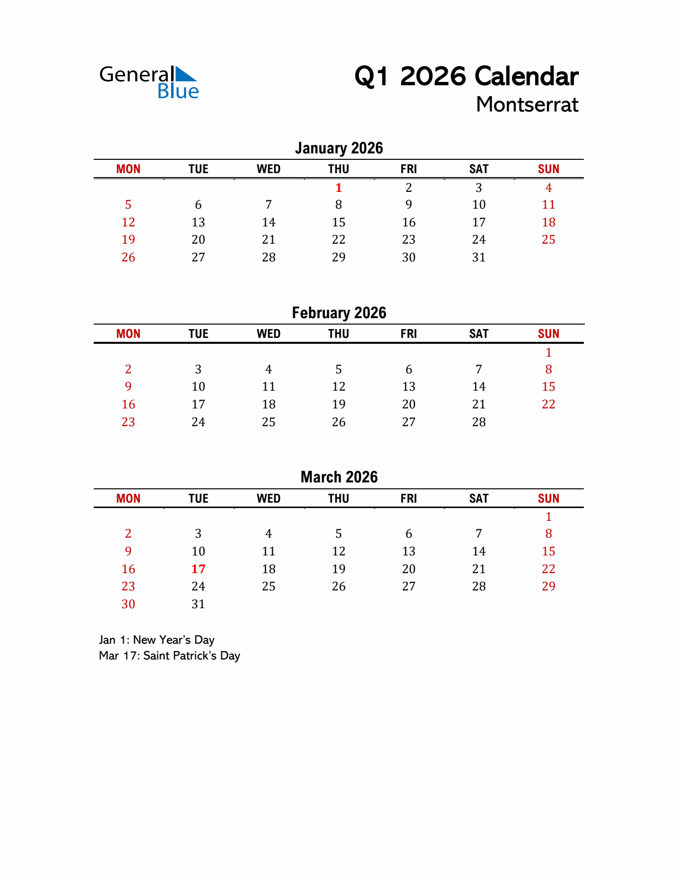 2026 Q1 Calendar with Holidays List for Montserrat