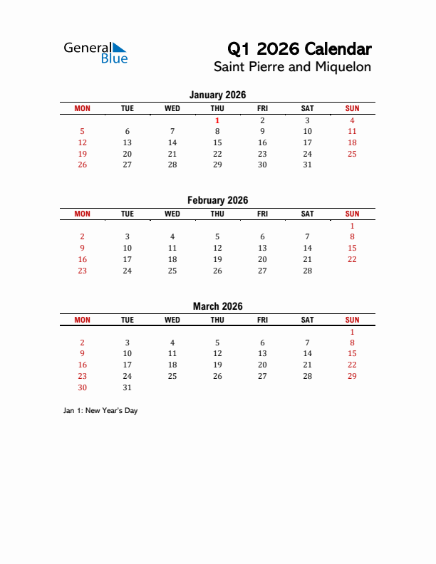 2026 Q1 Calendar with Holidays List for Saint Pierre and Miquelon