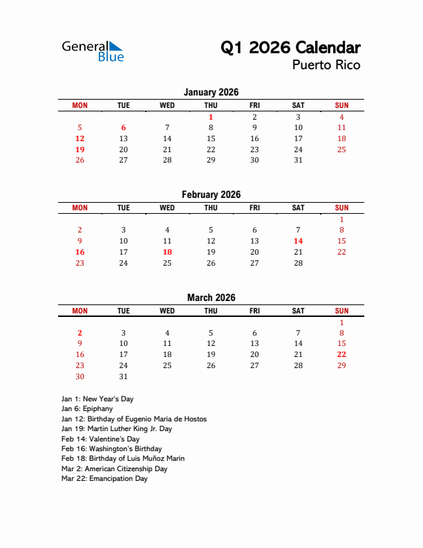 2026 Q1 Calendar with Holidays List for Puerto Rico