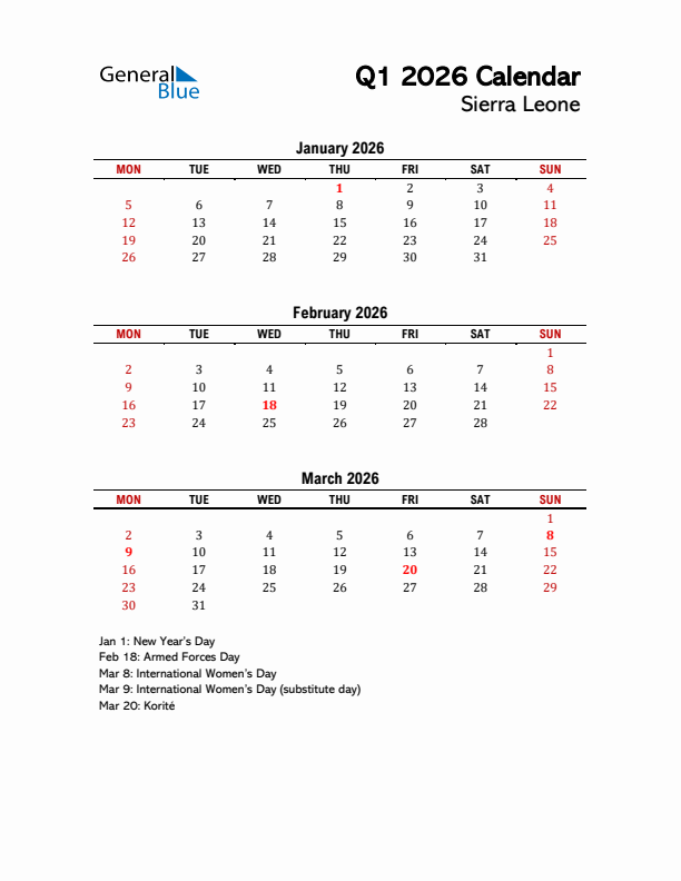 2026 Q1 Calendar with Holidays List for Sierra Leone