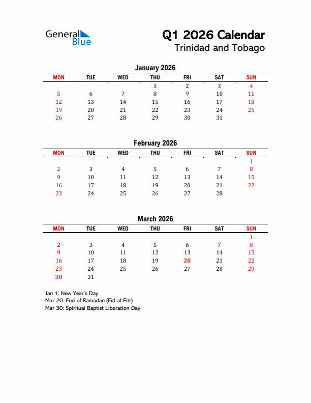 2026 Q1 Calendar with Holidays List for Trinidad and Tobago