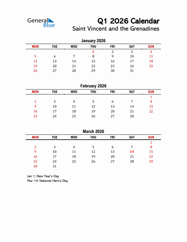 2026 Q1 Calendar with Holidays List for Saint Vincent and the Grenadines