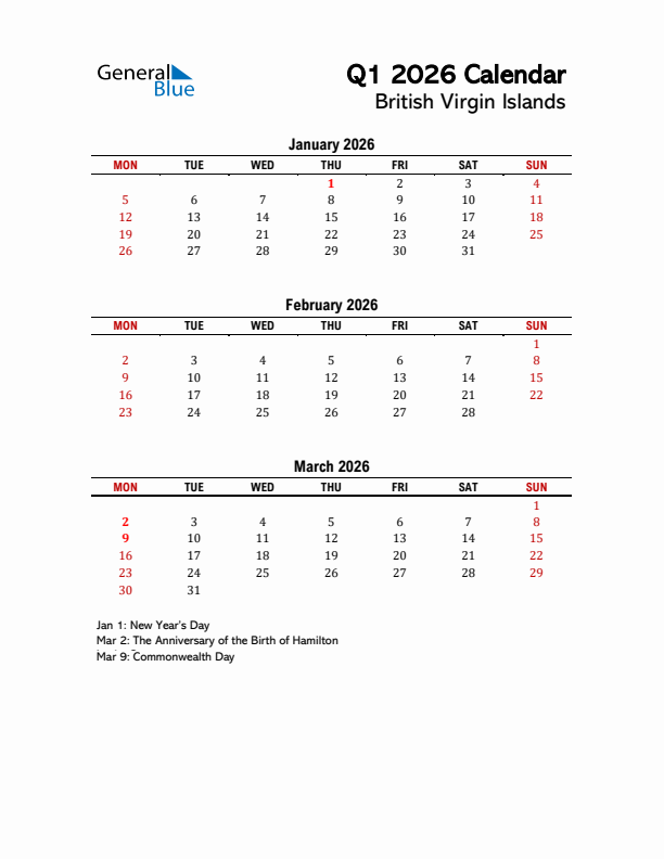 2026 Q1 Calendar with Holidays List for British Virgin Islands