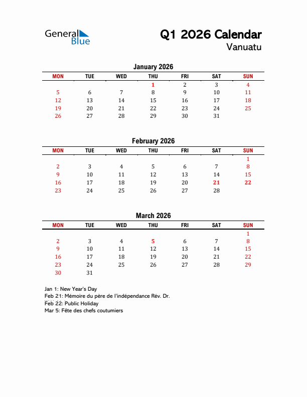 2026 Q1 Calendar with Holidays List for Vanuatu