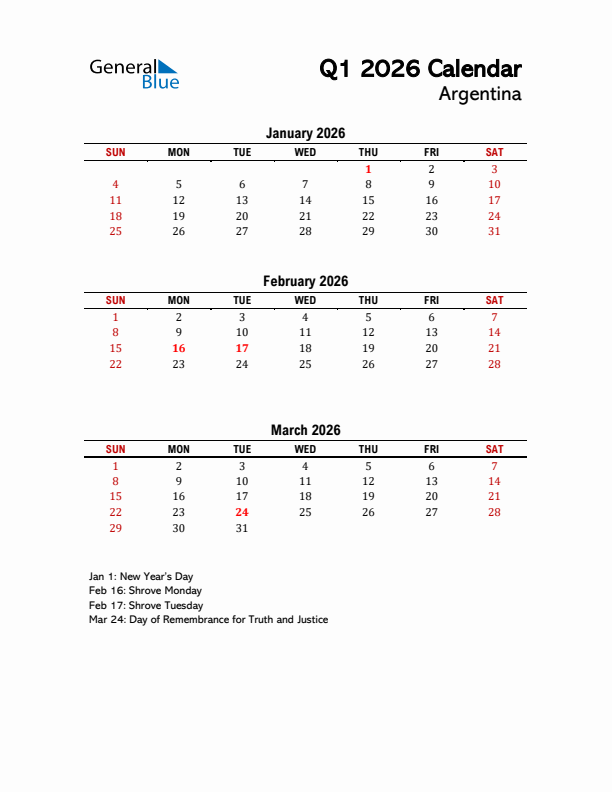 2026 Q1 Calendar with Holidays List for Argentina