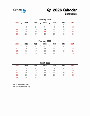 Barbados Quarter 1  2026 calendar template