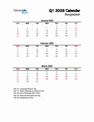 Bangladesh Quarter 1  2026 calendar template