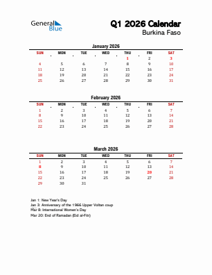 Burkina Faso Quarter 1  2026 calendar template