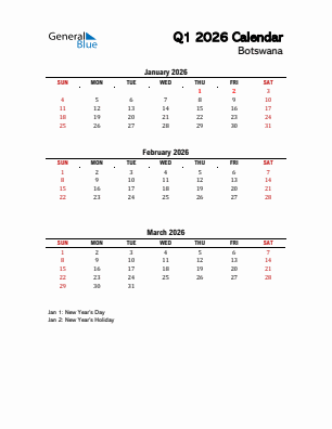 Botswana Quarter 1  2026 calendar template