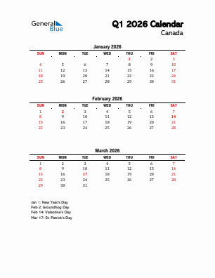 Canada Quarter 1  2026 calendar template