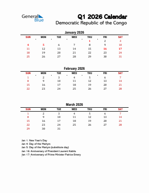 Democratic Republic of the Congo Quarter 1  2026 calendar template