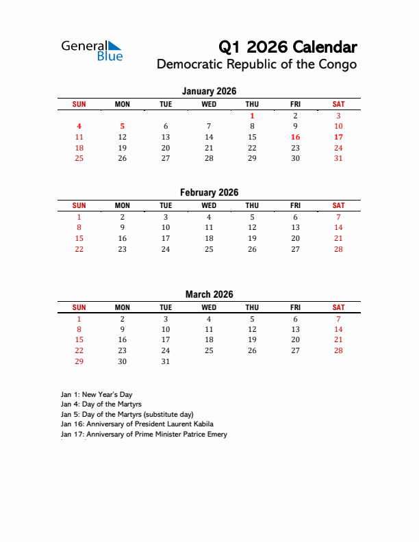 2026 Q1 Calendar with Holidays List for Democratic Republic of the Congo