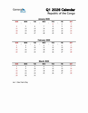 Republic of the Congo Quarter 1  2026 calendar template