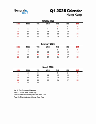 Hong Kong Quarter 1  2026 calendar template