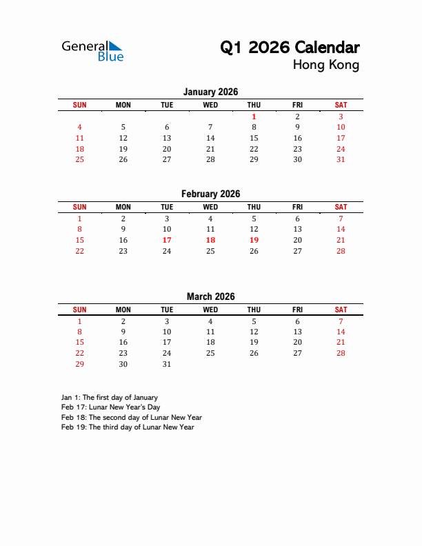 2026 Q1 Calendar with Holidays List for Hong Kong