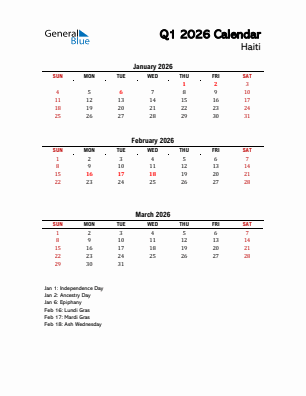 Haiti Quarter 1  2026 calendar template