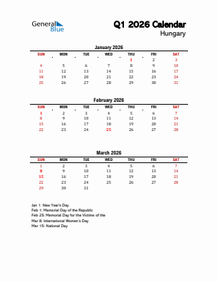 Hungary Quarter 1  2026 calendar template