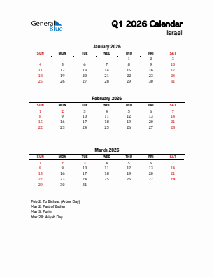 Israel Quarter 1  2026 calendar template