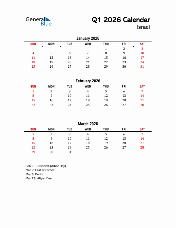 2026 Q1 Calendar with Holidays List for Israel
