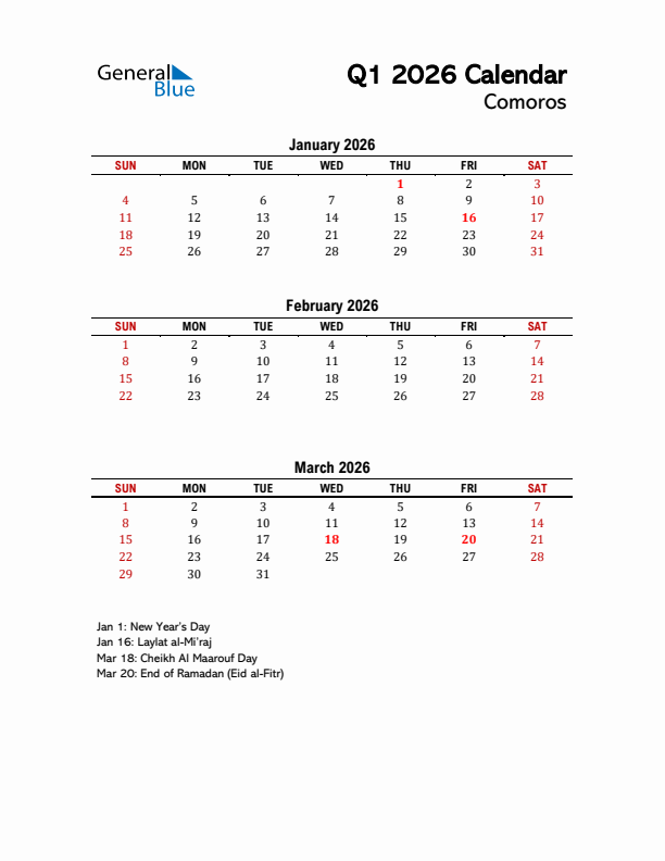 2026 Q1 Calendar with Holidays List for Comoros