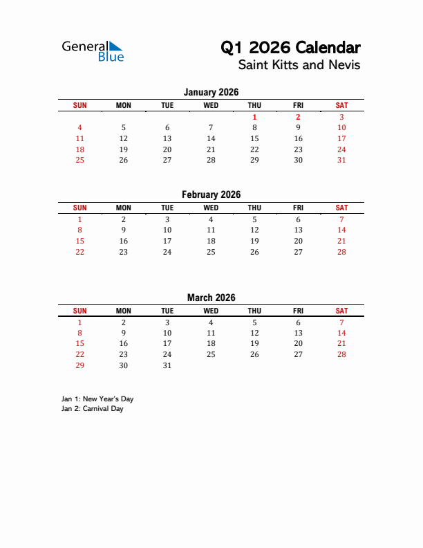 2026 Q1 Calendar with Holidays List for Saint Kitts and Nevis