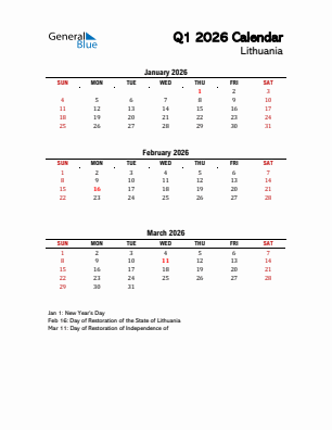 Lithuania Quarter 1  2026 calendar template