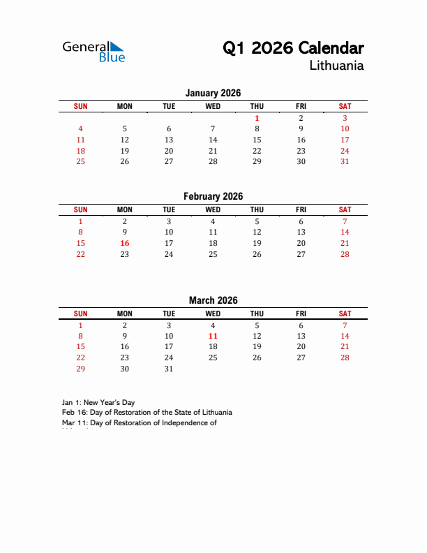 2026 Q1 Calendar with Holidays List for Lithuania