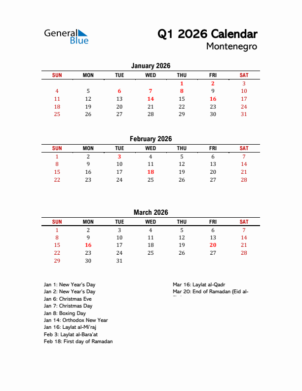 2026 Q1 Calendar with Holidays List for Montenegro