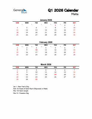 Malta Quarter 1  2026 calendar template