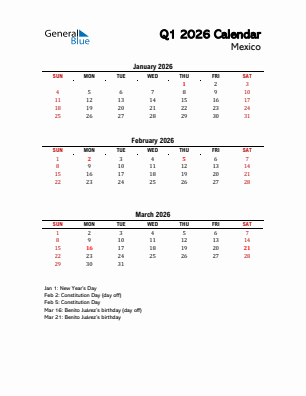 Mexico Quarter 1  2026 calendar template