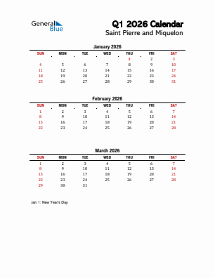 Saint Pierre and Miquelon Quarter 1  2026 calendar template