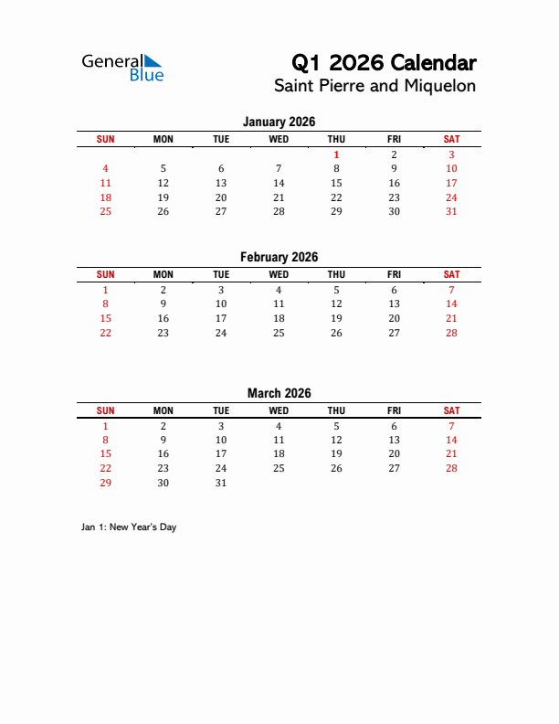 2026 Q1 Calendar with Holidays List for Saint Pierre and Miquelon