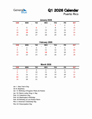 Puerto Rico Quarter 1  2026 calendar template