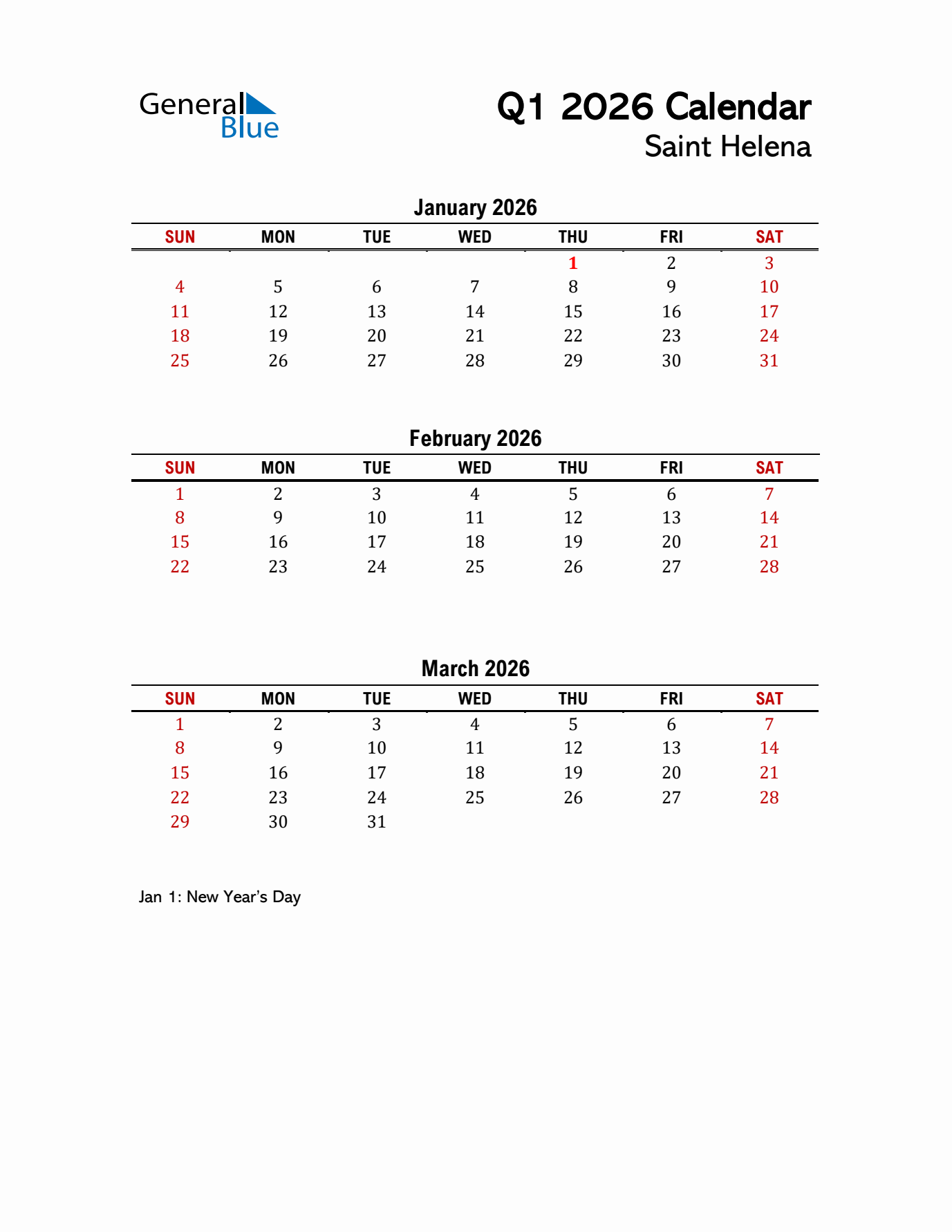 2026 Q1 Calendar with Holidays List for Saint Helena
