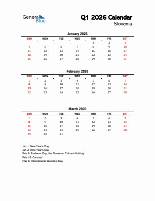 Slovenia Quarter 1  2026 calendar template