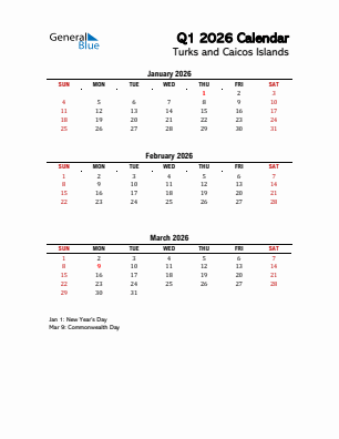 Turks and Caicos Islands Quarter 1  2026 calendar template