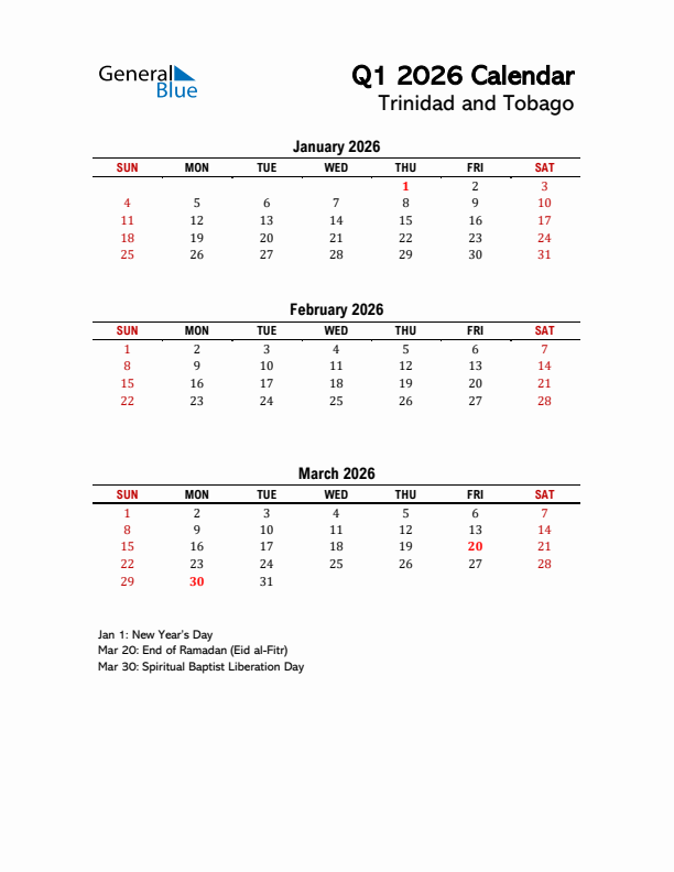2026 Q1 Calendar with Holidays List for Trinidad and Tobago